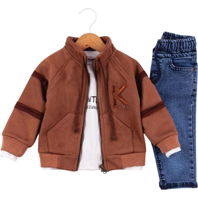 50627 toptan 6/24 aylık erkek bebekler için montlu,tişörtlü, kot pantolonlu üçlü takım elbise