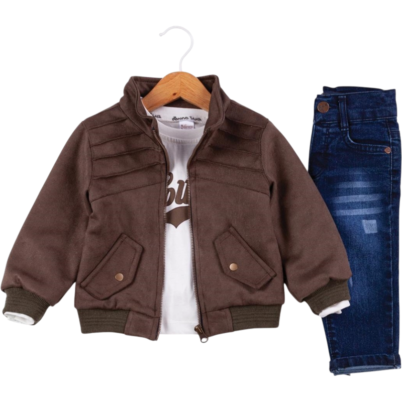 50653 toptan 6/24 aylık erkek bebekler için hırkalı,tişörtlü,kot pantolonlu üçlü takım elbise