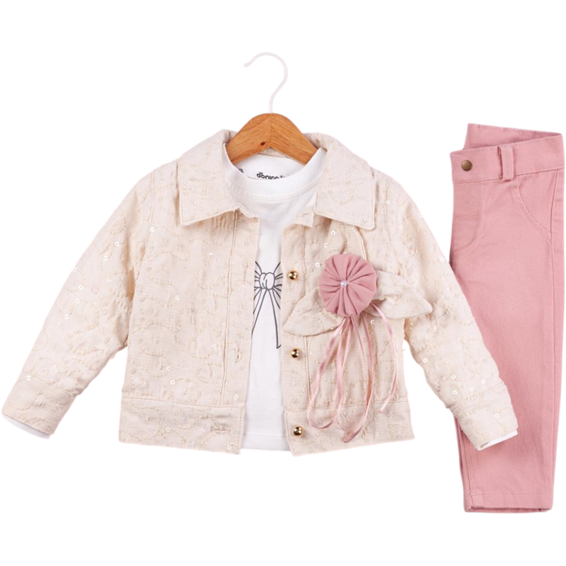 50637 toptan 6/24 aylık kız bebekler için hırkalı,tişörtlü, pantolonlu üçlü takım elbise