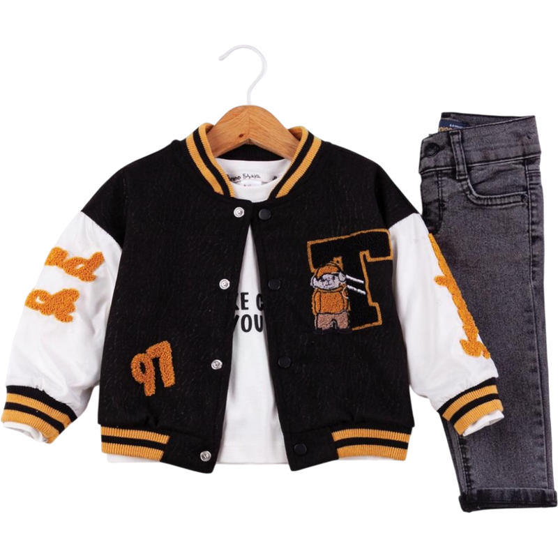 50647 toptan 6/24 aylık erkek bebekler için hırkalı,tişörtlü,kot pantolonlu üçlü takım elbise