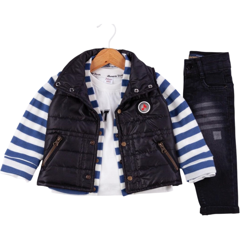 50633 toptan 6/24 aylık erkek çocuklar için kot pantolonlu,yelekli dört parçalı mevsimlik takım elbise 
