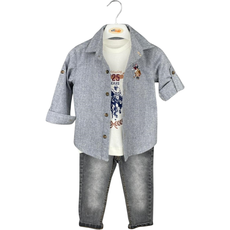 2001 toptan 1/4 erkek çocuklar için mevsimlik gömlekli,tişörtlü,kot pantolonlu üçlü takım elbise