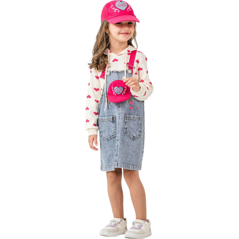 12233 toptan 2/5 yaş kız çocuklar işin şapkalı, badili kot jileli üçlü takım 