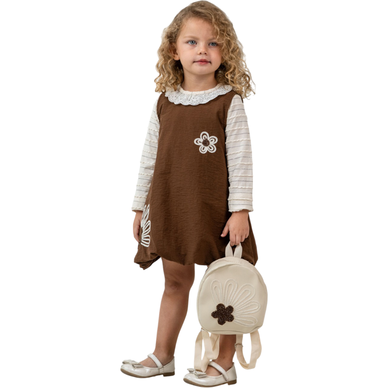 12249 toptan 3/6 yaş kız çocuklar için elbise-jile,bluz ve çantalı üçlü takımlar 