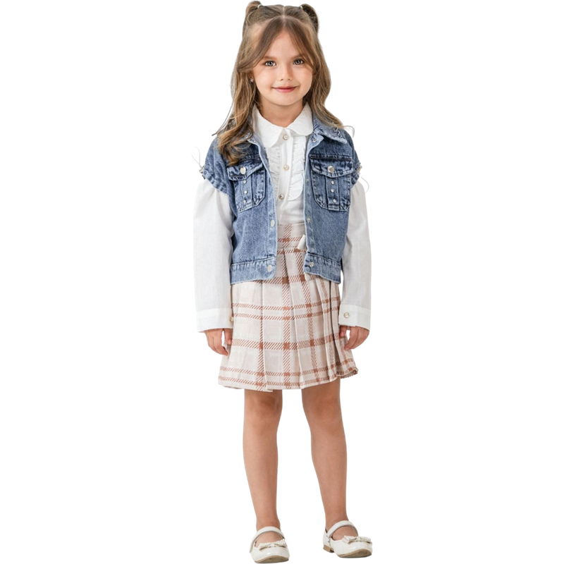 12271 toptan 3/6 yaş kız çocuklar için kot yelekli üçlü takım elbise