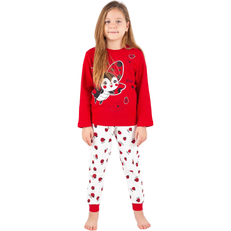 7105 toptan 7/10 yaş kız çocuklar için uğur böceği baskılı pijama takımları