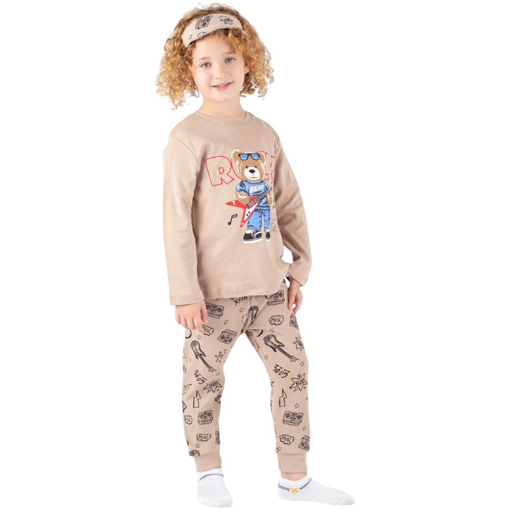 3060 toptan 3/6 yaş erkek çocuklar için gitarlı ayı baskılı pijama takımları