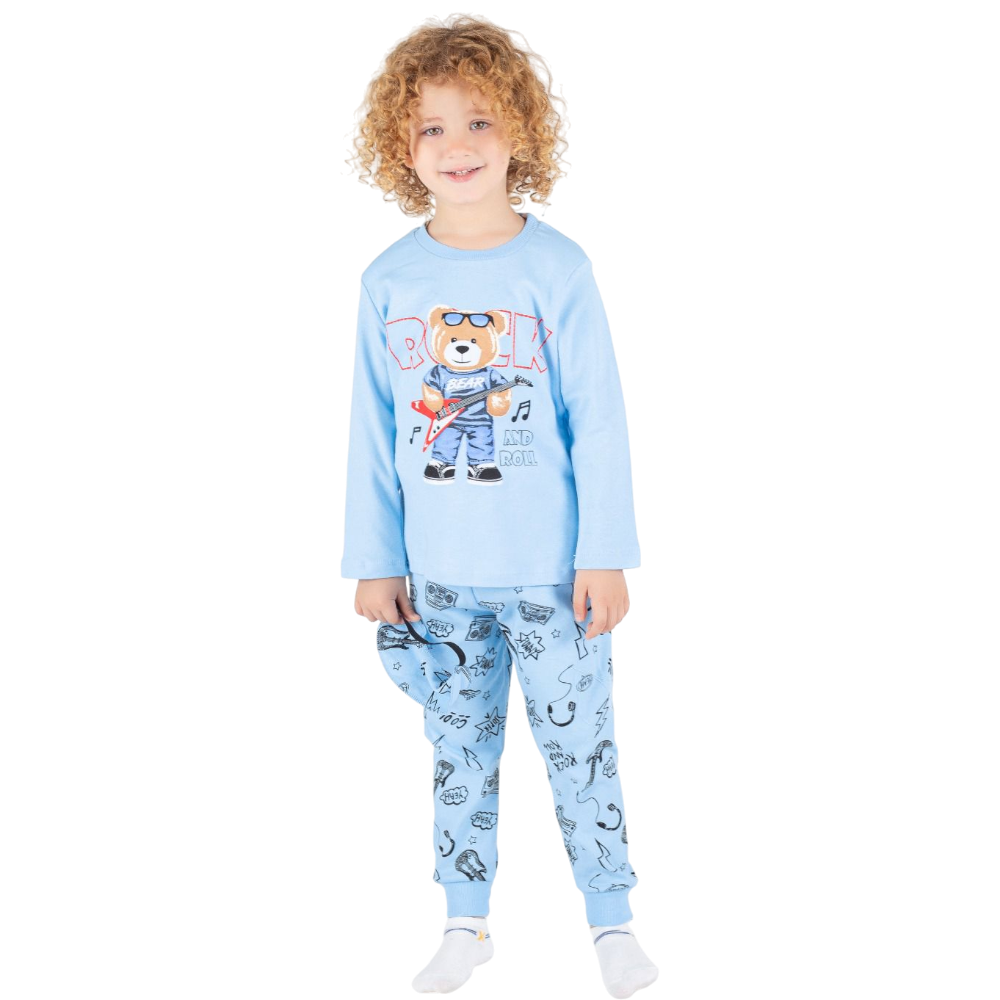 3060 оптовые пижамные комплекты с принтом медведя c гитарой для мальчиков на 3/6 лет