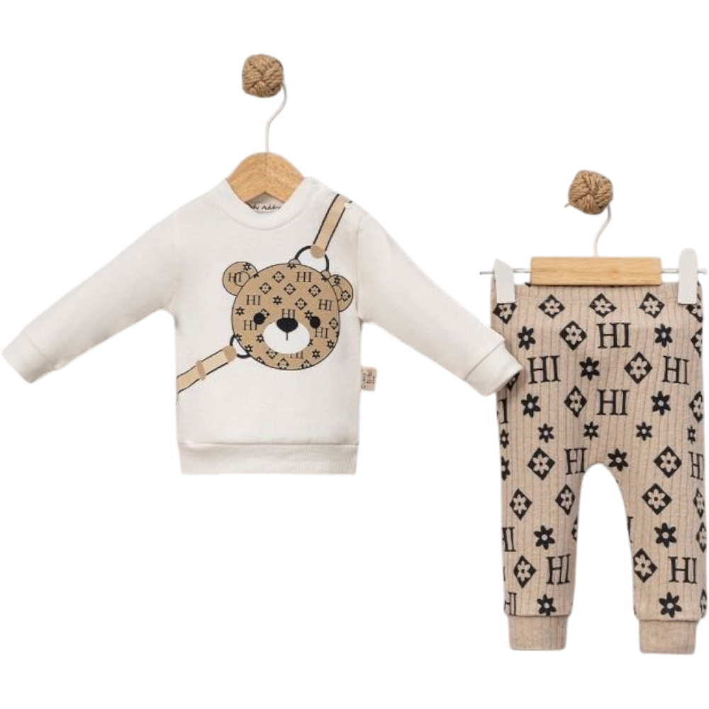 7023 toptan 6/18 aylık erkek bebekler için ayıcık baskılı mevsimlik ikili takım