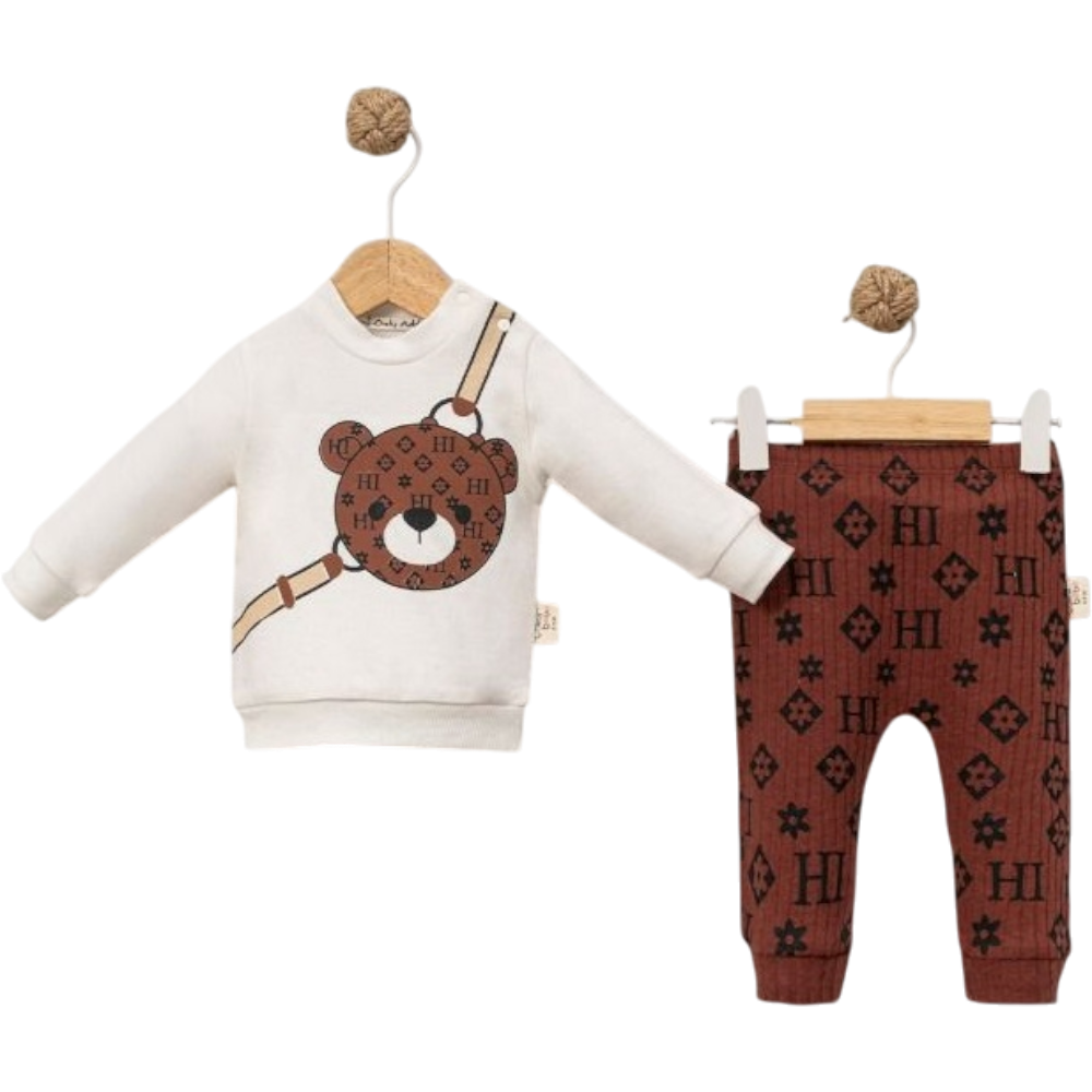 7023 toptan 6/18 aylık erkek bebekler için ayıcık baskılı mevsimlik ikili takım