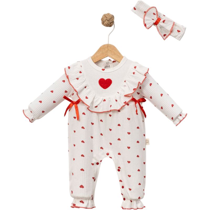 8054 toptan 3/12 aylık kız bebekler için kalp desenli mevsimlik tulumlar