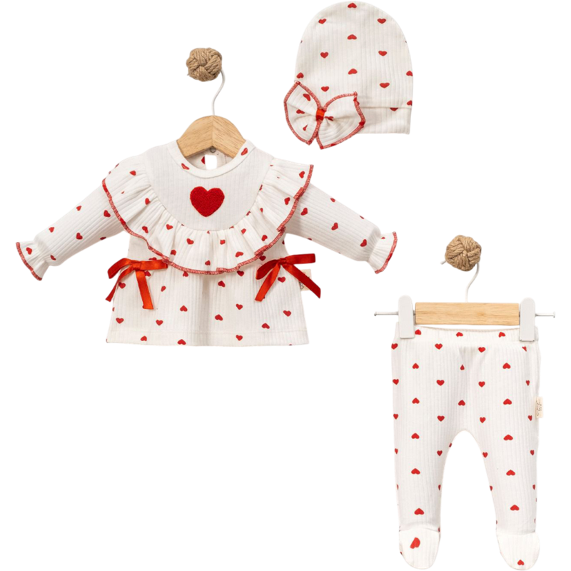 8055 toptan 3-6 aylık kız bebekler için kalp desenli üç parça takım elbise