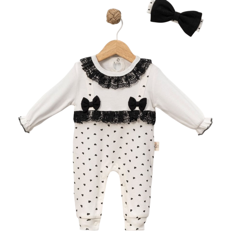 8058 toptan 6/18 aylık kız bebekler için siyah dantelli mevsimlik tulum