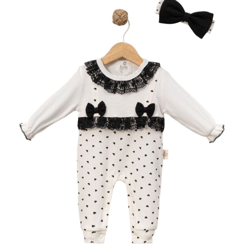 8058 toptan 6/18 aylık kız bebekler için siyah dantelli mevsimlik tulum