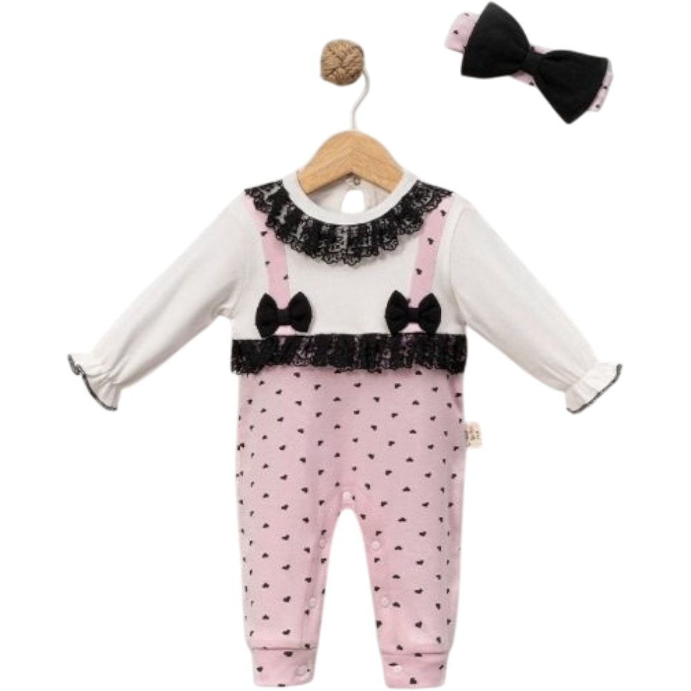 8058 toptan 6/18 aylık kız bebekler için siyah dantelli mevsimlik tulum