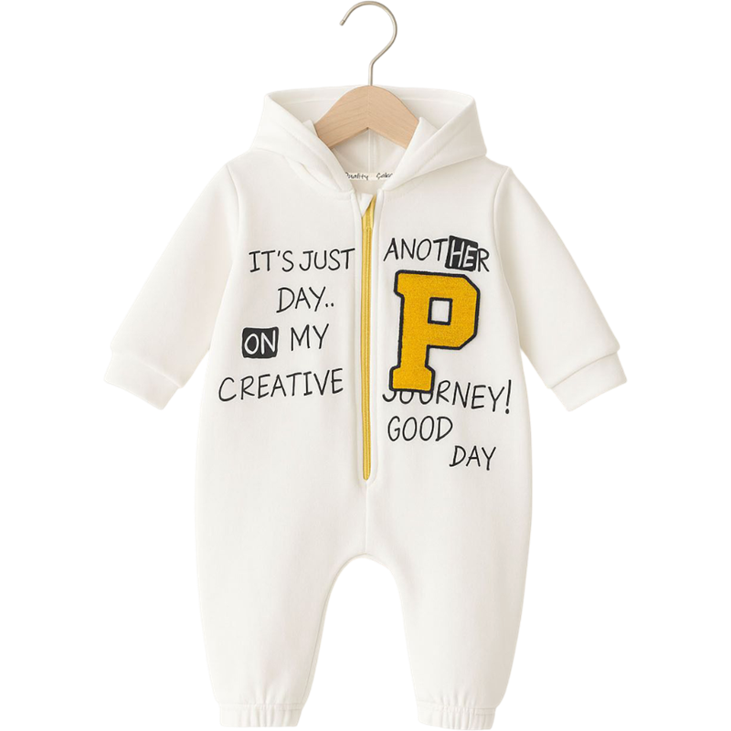 7027 toptan 6/18 aylık bebekler için P nakışlı kapüşonlu mevsimlik bebek tulumları