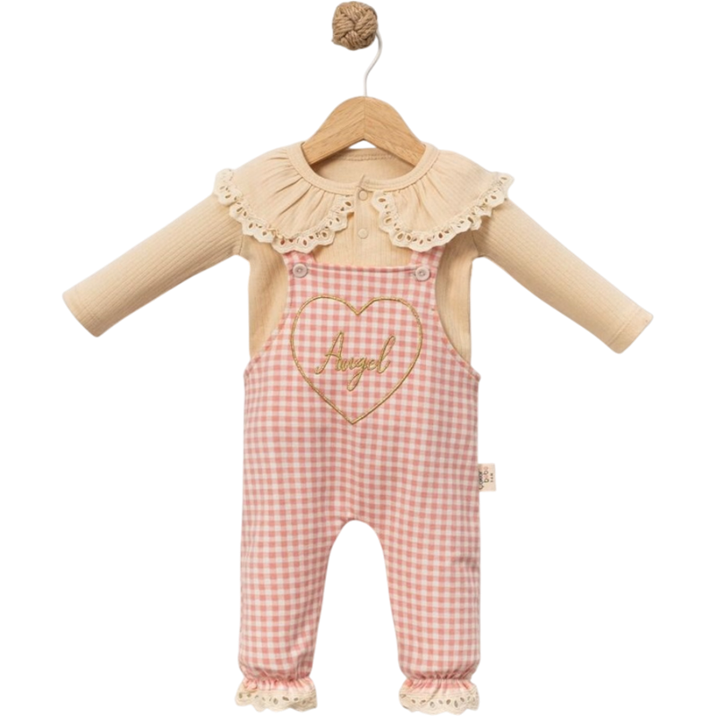 8029 toptan 6/18 aylık kız bebekler için kalp nakışlı salopet  