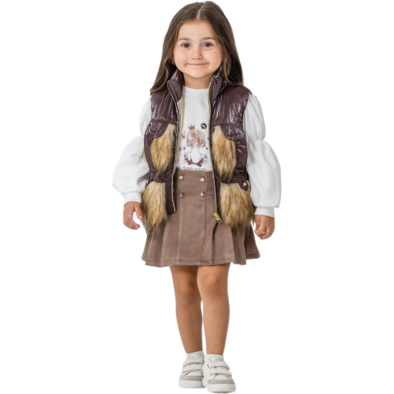 26322 toptan 2/5 yaş arası kız çocuklar için  yelekli ve etekli mevsimlik üç parçalı  takım elbise