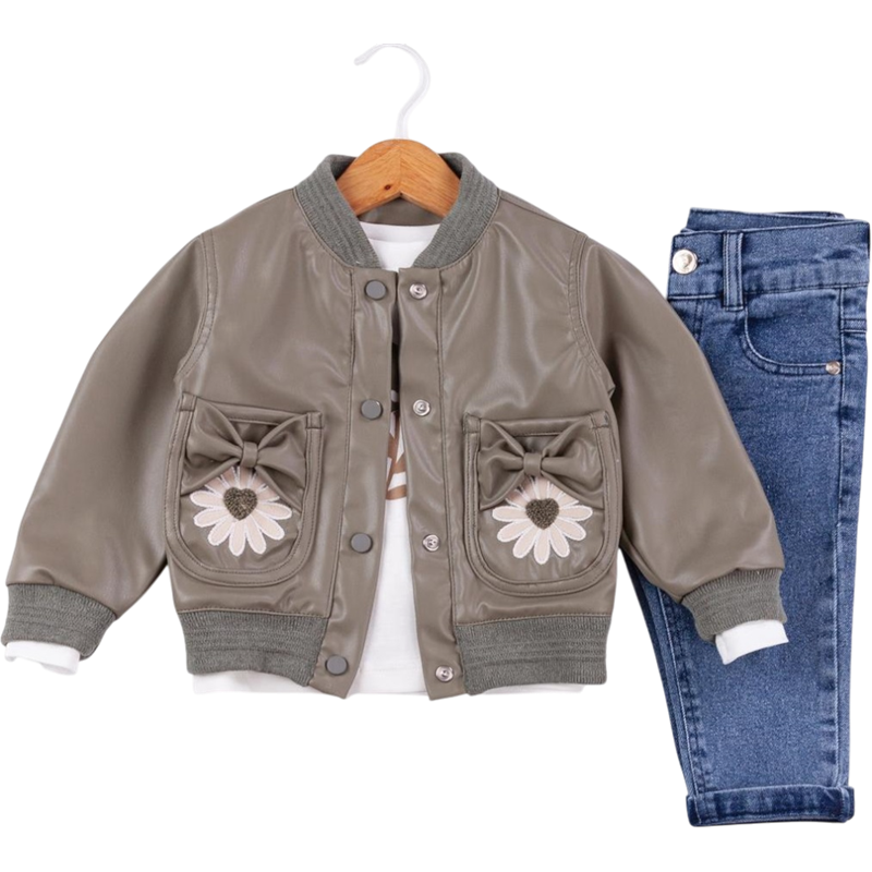 50651 toptan 9/24 aylık kızlar için deri ceketli üç parçalı mevsimlik takım elbise