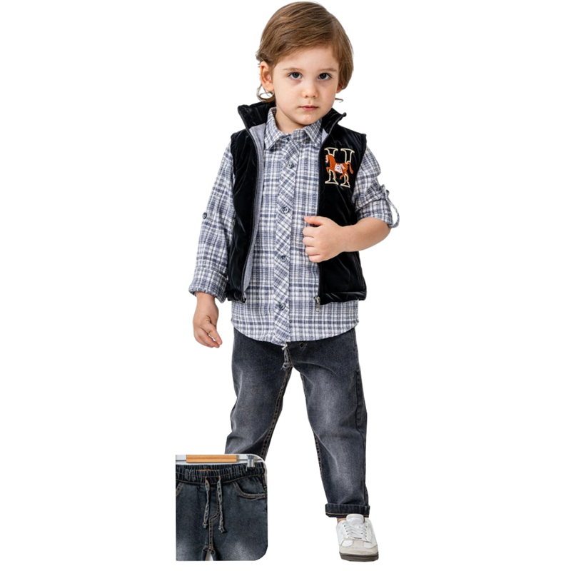 7206 toptan 9/24 aylık erkek çocuklar için gömlekli,yelekli ve kot pantolonlu mevsimlik üçlü takım