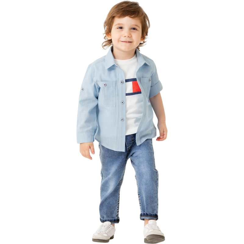 7209 toptan 1/4 yaş erkek çocuklar için gömlekli, tişörtlü, kot pantolonlu mevsimlik üçlü takımlar