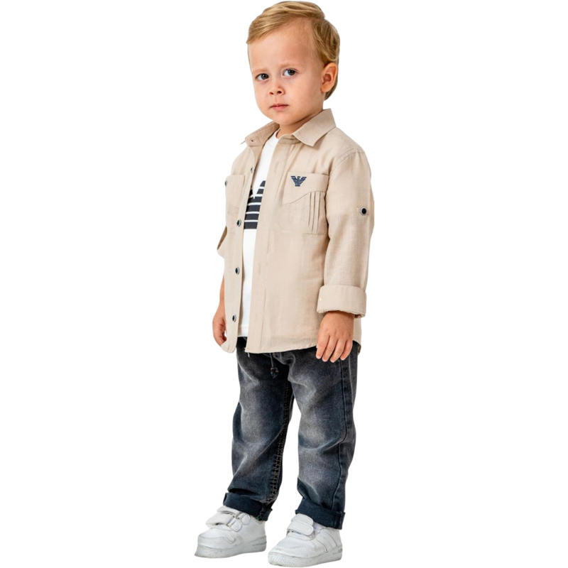 7215 toptan 9/24 aylık erkek çocuklar için gömlekli, tişörtlü, kot pantolonlu mevsimlik üçlü takımlar