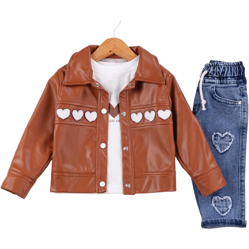 50648 toptan 6/24 aylık bebekler için suni deri ceketli üçlü takım elbise 