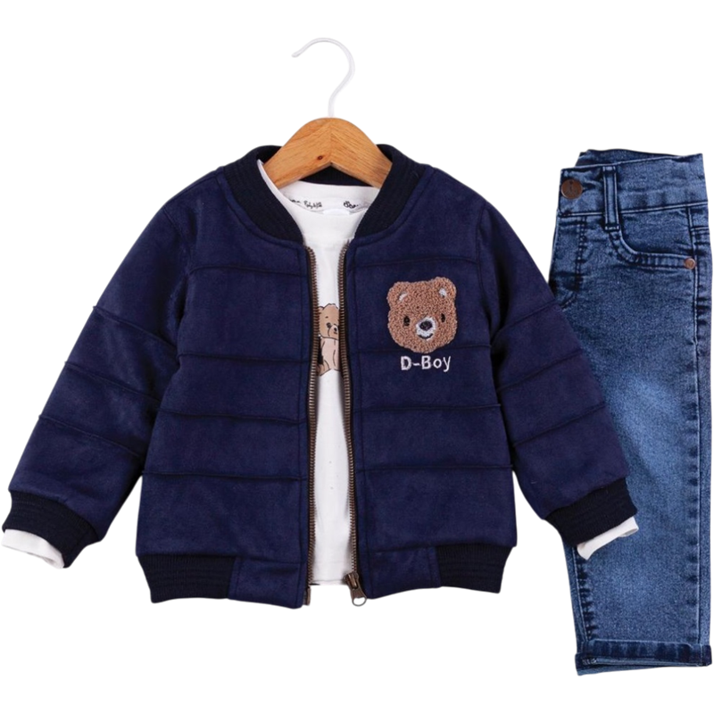 50656 toptan 9/24 aylık erkek çocuklar için mevsimlik ceket, tişört kot pantolonlu D BOY ayı nakışlı üçlü takım elbise