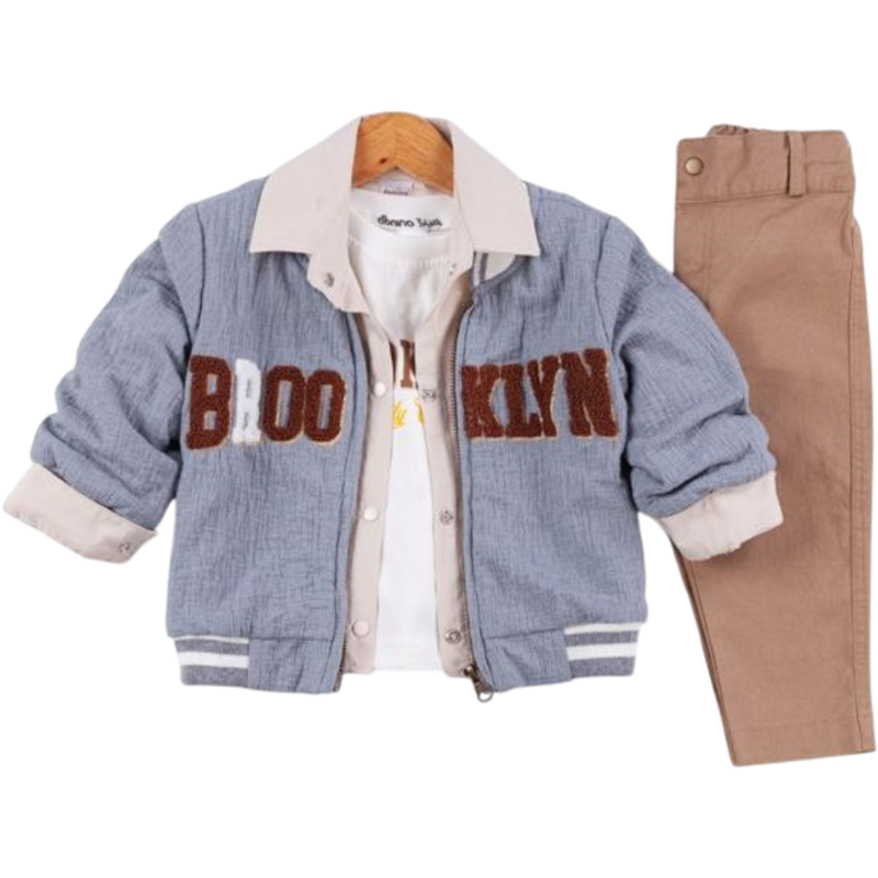 50660 toptan 6/24 aylık erkek çocuklar için BROOKLYN nakışlı mevsimlik üçlü takım elbise 