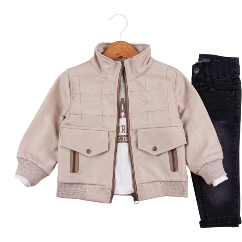 50639  toptan 9/24 aylık erkek çocuklar için mevsimlik suni deri ceket, tişört ve kot pantolonlu üçlü takım elbise