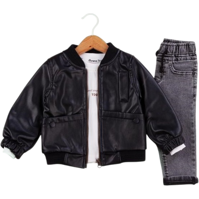 50626 toptan 9/24 aylık erkek çocuklar için mevsimlik suni deri ceket, tişört ve kot pantolonlu üçlü takım elbise