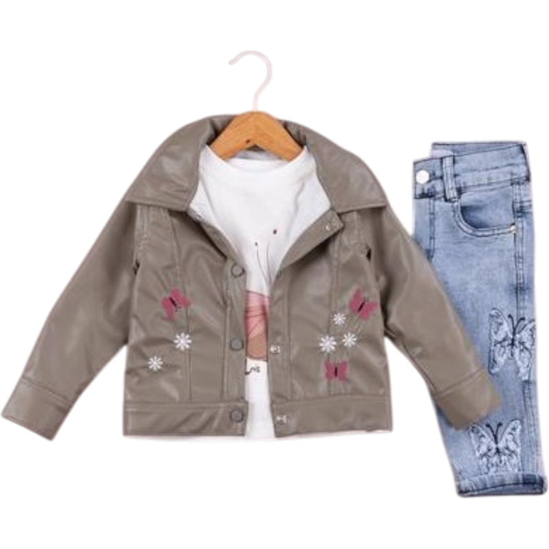 50630 toptan 9/24 aylık kız çocukları için  mevsimlik suni deri ceketler, tişörtler, kot pantolonlu üçlü takım
