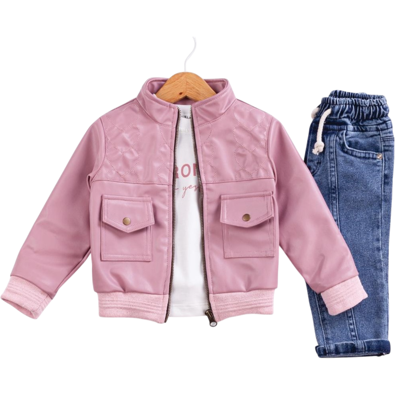 50655 toptan 6-9-12 aylık erkek çocuklar için mevsimlik deri montlu üçlü takım