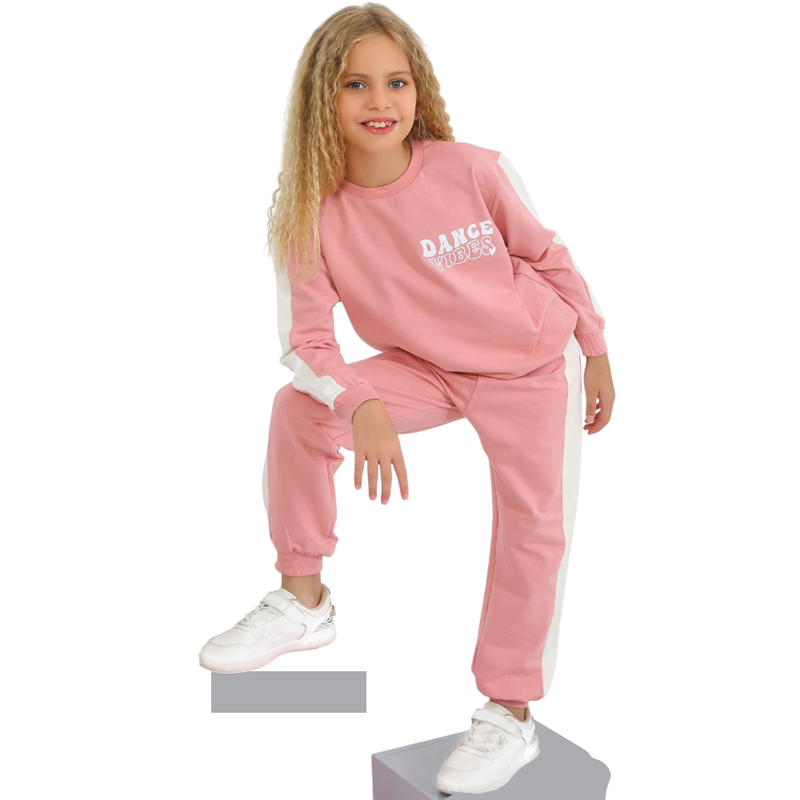 46458 toptan 6/9 yaş arası kız çocuklar için DANCE VİBES baskılı çocuk eşofman takımları 