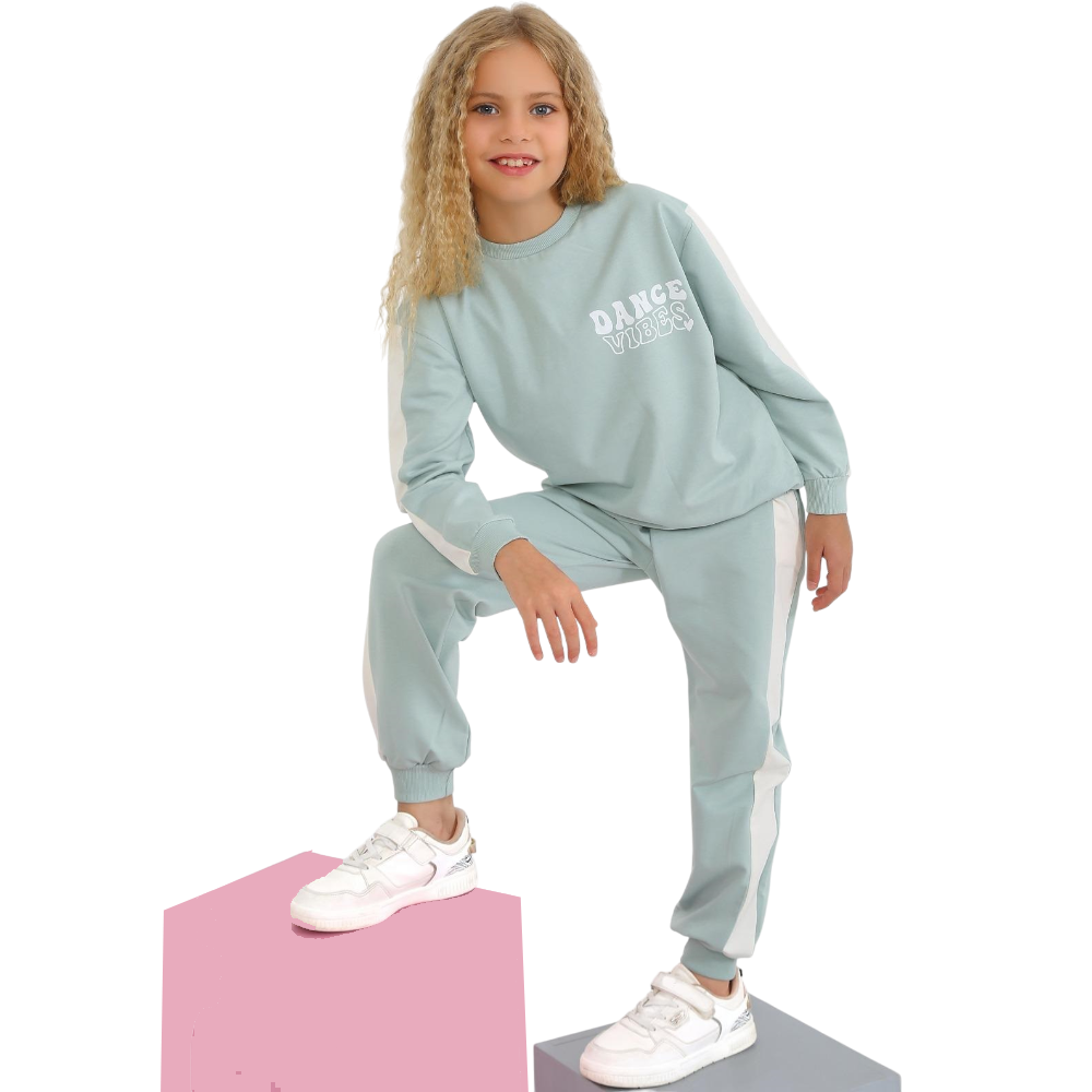46601 оптовые детские спортивные костюмы с принтом DANCE VİBES для девочек в возрасте 10/15 лет
