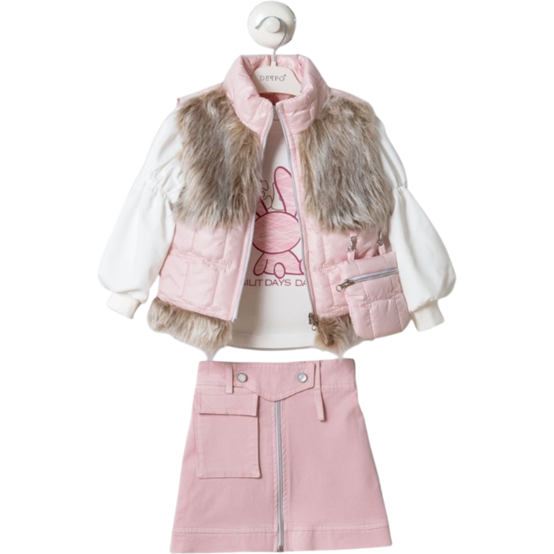 26324 toptan 2/5 yaş kız çocukları için mevsimlik yelekli,etekli üçlü takım 