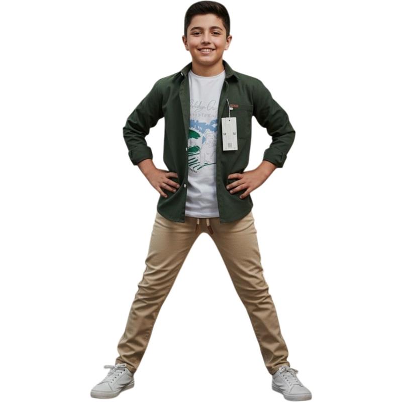 toptan 11/15 yaş arası çocuklar için gömlek, pantolonlu tişörtlü üç parçalı mevsimlik takım elbise 