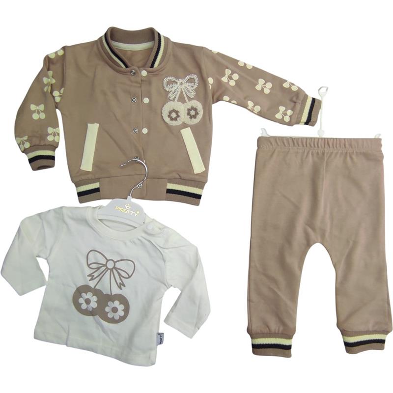 5244 toptan 6/24 aylık kız bebekler için kiraz nakışlı mevsimlik üçlü takım elbise 