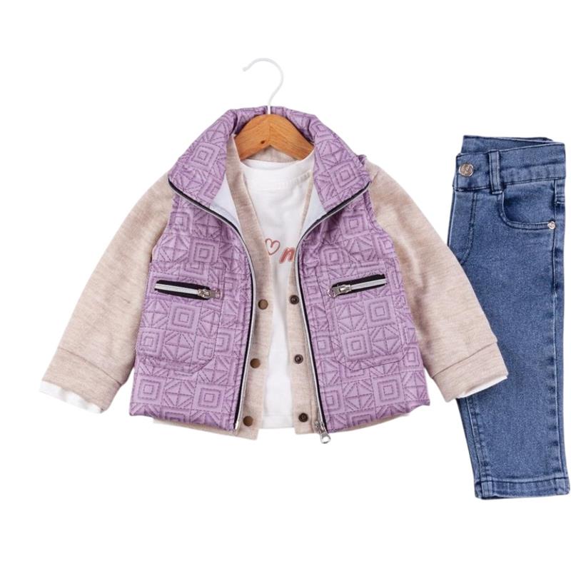 50665 toptan 6/24 aylık kız çocuklar için kot pantolonlu dört parça mevsimlik takım elbise