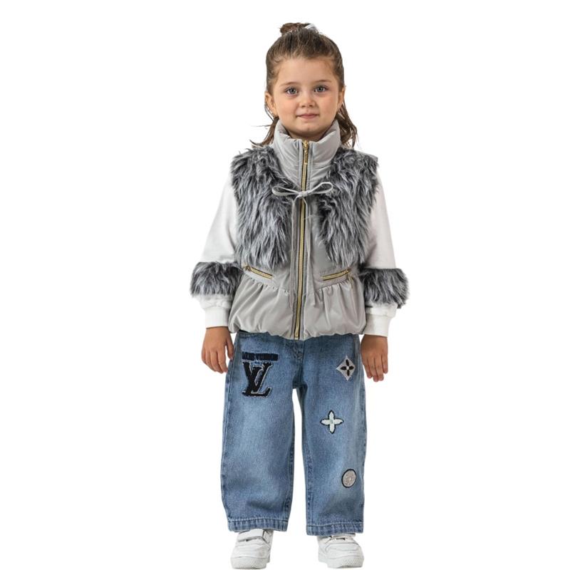 26336 toptan 2/5 yaş arası kız çocuklar için üç parçalı kot pantolonlu mevsimlik takım elbise