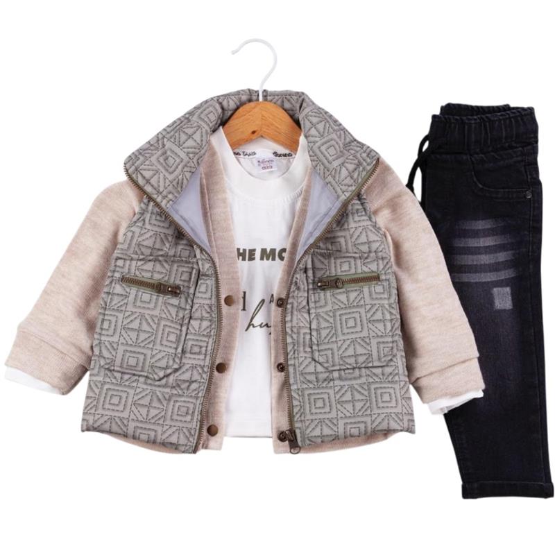 50664 toptan 6/24 aylık erkek çocuklar için üç parçalı kot pantolonlu,yelekli mevsimlik takım elbise 