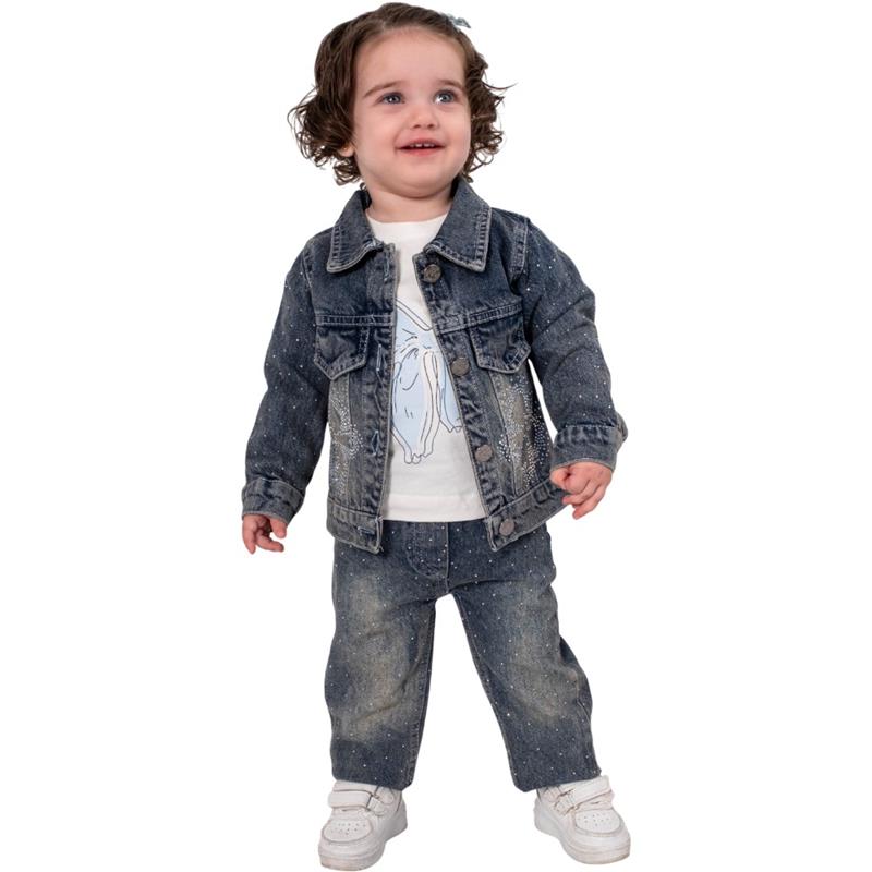 1202 toptan 1/4 yaş kız çocuklar için svitşortlu üç parçalı mevsimlik kot takım elbise