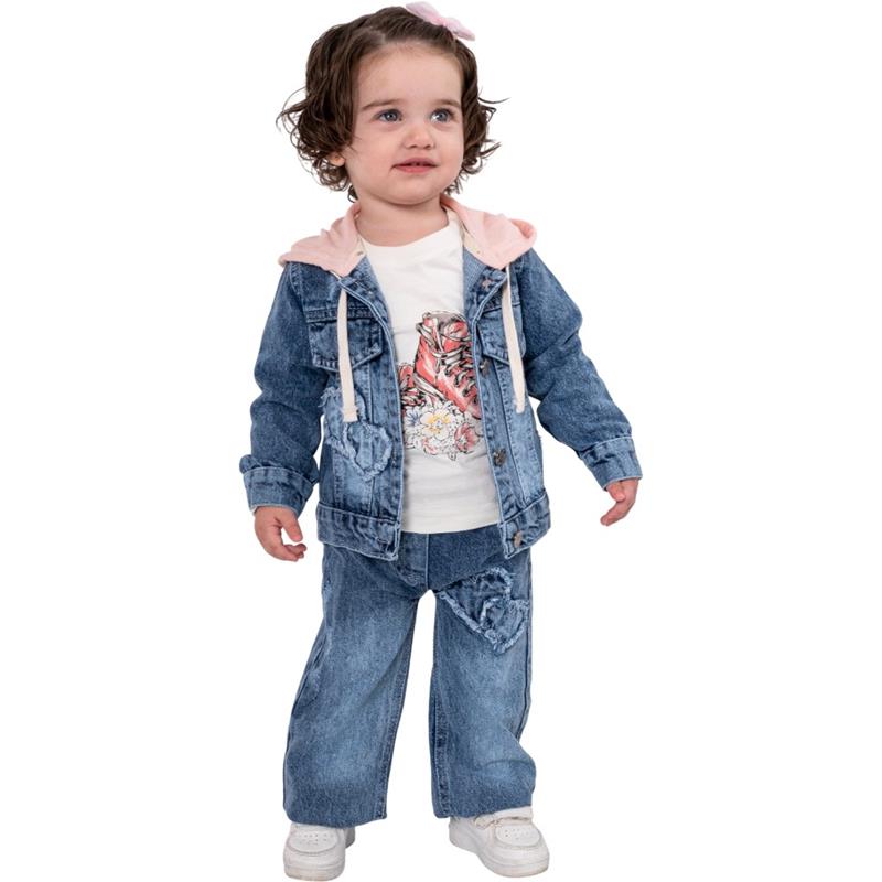 1187 toptan 1/4 yaş kız çocuklar için svitşortlu üç parçalı mevsimlik kot takım elbise