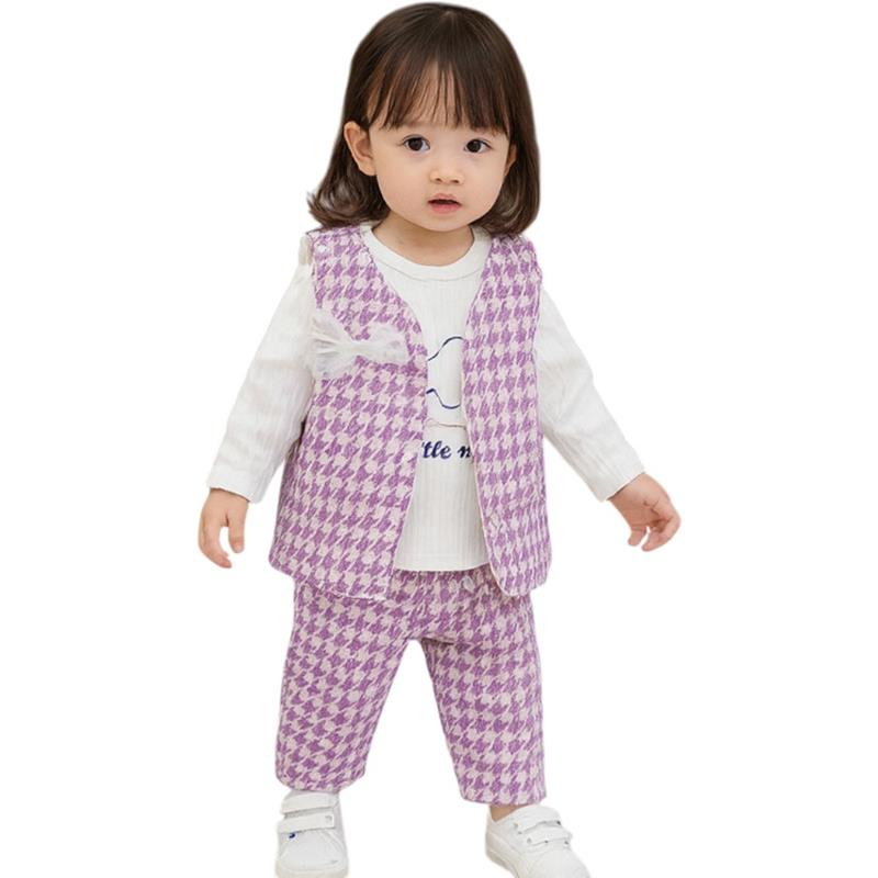 4158 toptan 9/24 aylık kız bebekler için yelekli mevsimlik üçlü takım