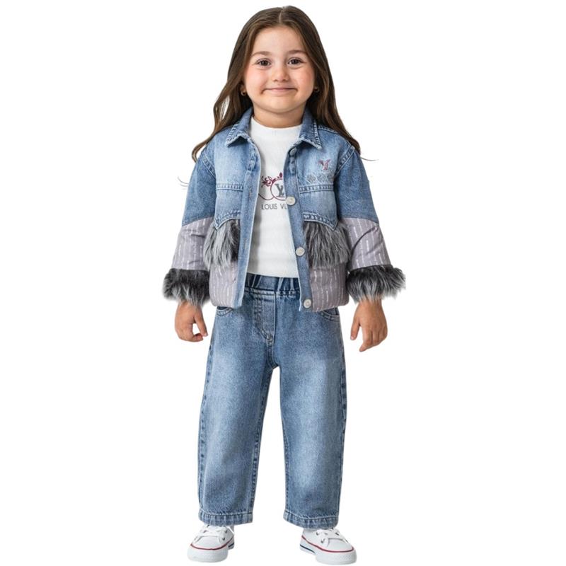 26325 toptan 2/5 yaş arası kız çocuklar için tişörtlü üç parçalı mevsimlik kot takım elbise