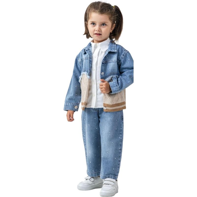 26318 toptan 2/5 yaş arası kız çocuklar için gömlekli  üç parçalı mevsimlik kot takım elbise