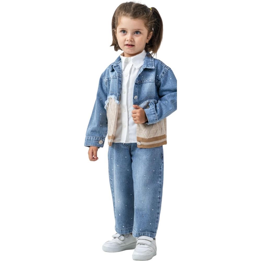 26318 toptan 2/5 yaş arası kız çocuklar için gömlekli  üç parçalı mevsimlik kot takım elbise