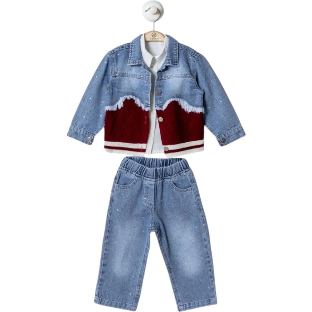 26318 toptan 2/5 yaş arası kız çocuklar için gömlekli üç parçalı mevsimlik kot takım elbise