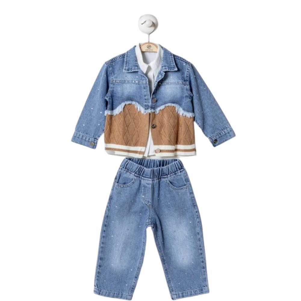 26318 toptan 2/5 yaş arası kız çocuklar için gömlekli üç parçalı mevsimlik kot takım elbise
