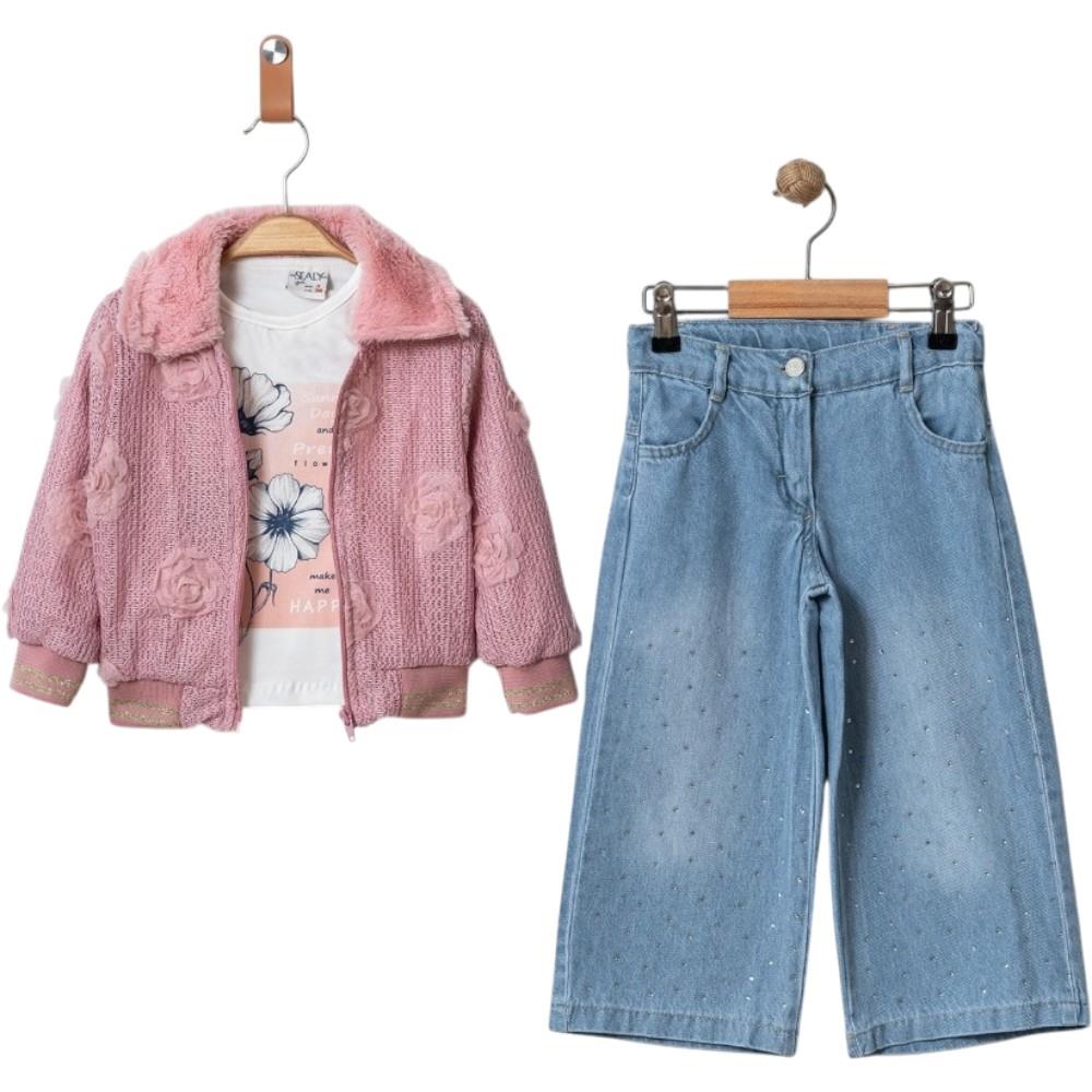 12269 toptan 3/6 yaş arası kız çocuklar için kot pantolonlu üçlü mevsimlik takım elbise